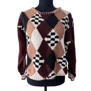 Reference Point Argyle Patchwork Knit Sweater Womens S Brown Grandpacore Vintage